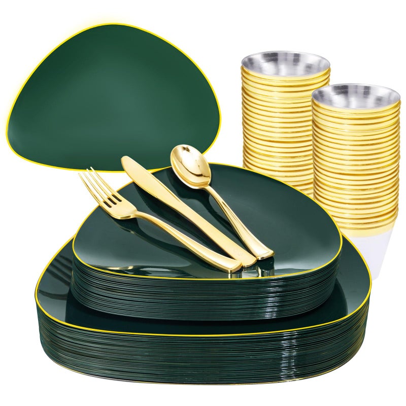 DaYammi 180Pcs Green Plastic Plates Green Gold Disposable Plates with Gold Silverware Dinnerware Set Include 30 Dinner Plate30 Dessert Plate90 Plastic Cutlery30 Cups for Party or Holiday parties
